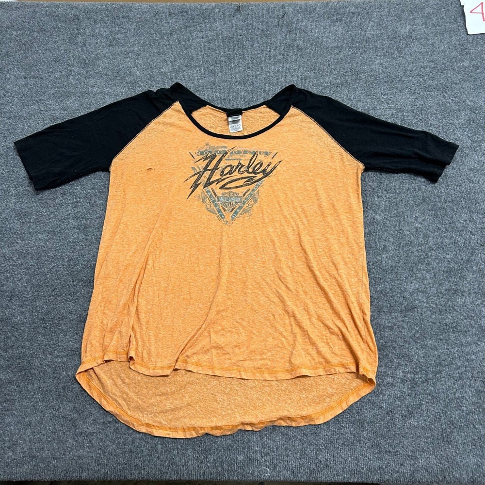 Harley Davidson Raglan Womens Size 3X Orange Black Graphic Scoop Neck Biker Tee
